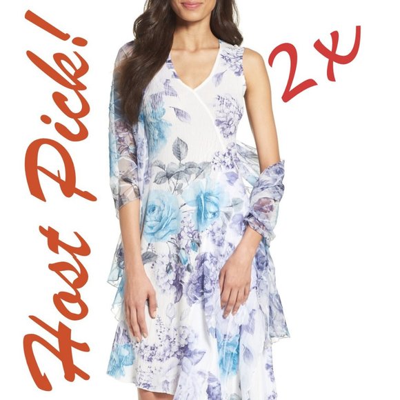 KOMAROV New Print Asymmetrical Hem Dress & Shawl SET Gown+Scarf  Petite XL 🎉HP - Picture 4 of 12